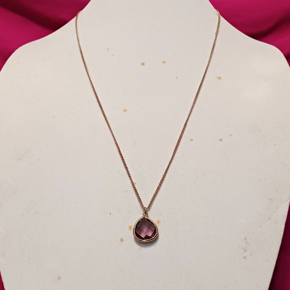 Express Gold Tone Chain Necklace with Purple Teardrop Crystal Pendant - Picture 2 of 8